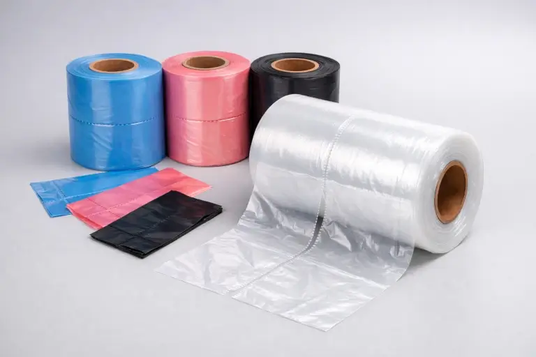Rollo de bolsas plásticas precorte transparentes y de colores para uso comercial